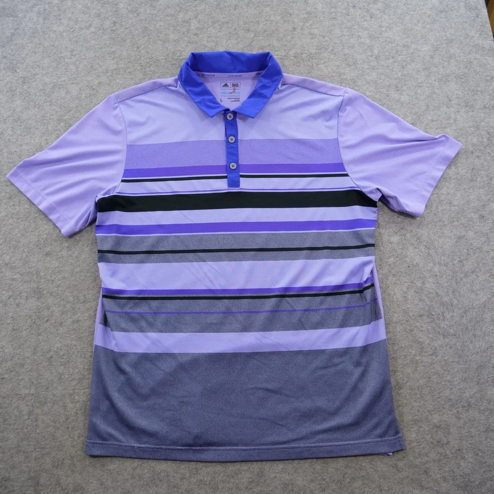 Adidas Golf Shirt Mens Large Purple Striped Climacool Short Sleeve Polo